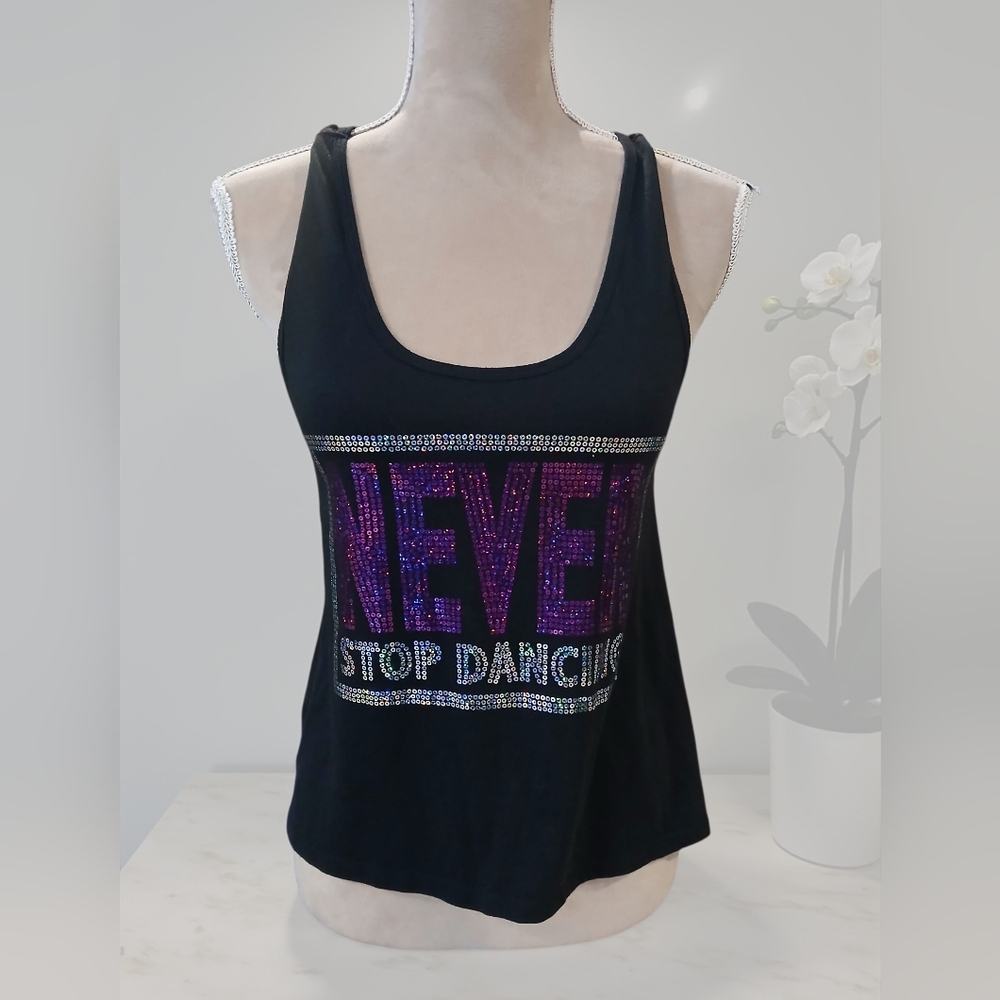 Never Stop Dancing Lace Bank Black Sequin Graphic Tank Juniors Medium